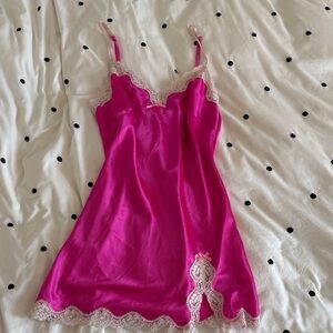 Victoria's Secret Hot Pink Satin Slip with Cream Lace Trim